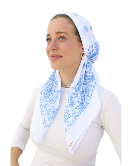 Scarf Bar Paisley White & Blue Classic Pre-Tied with Velvet Grip and Short Tails Myselflingerie.com