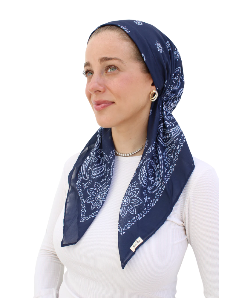 Scarf Bar Paisley Navy Classic Pre-Tied with Velvet Grip and Short Tails Myselflingerie.com