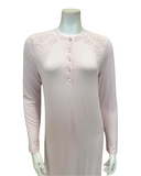 Verdiani 4203 Angel Pink Embroidered Flowers Sheer Shoulder Button Down Modal Nightgown Myselflingerie.com