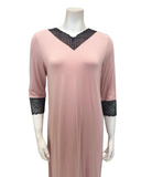 Oh! Zuza M4333 Dusty Pink/Black Lace Modest V Modal Nightshirt Myselflingerie.com