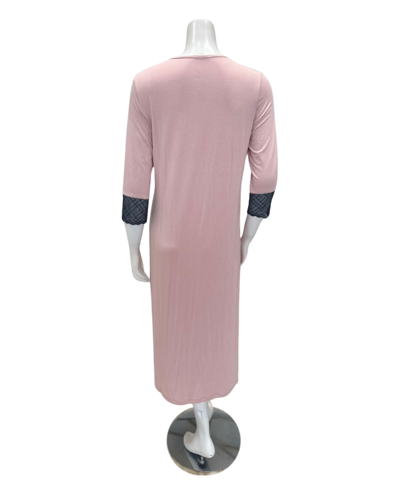 Oh! Zuza M4333 Dusty Pink/Black Lace Modest V Modal Nightshirt Myselflingerie.com
