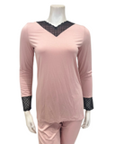 Oh! Zuza M4332 Dusty Pink/Black Lace Modest V Modal Pajamas Set Myselflingerie.com