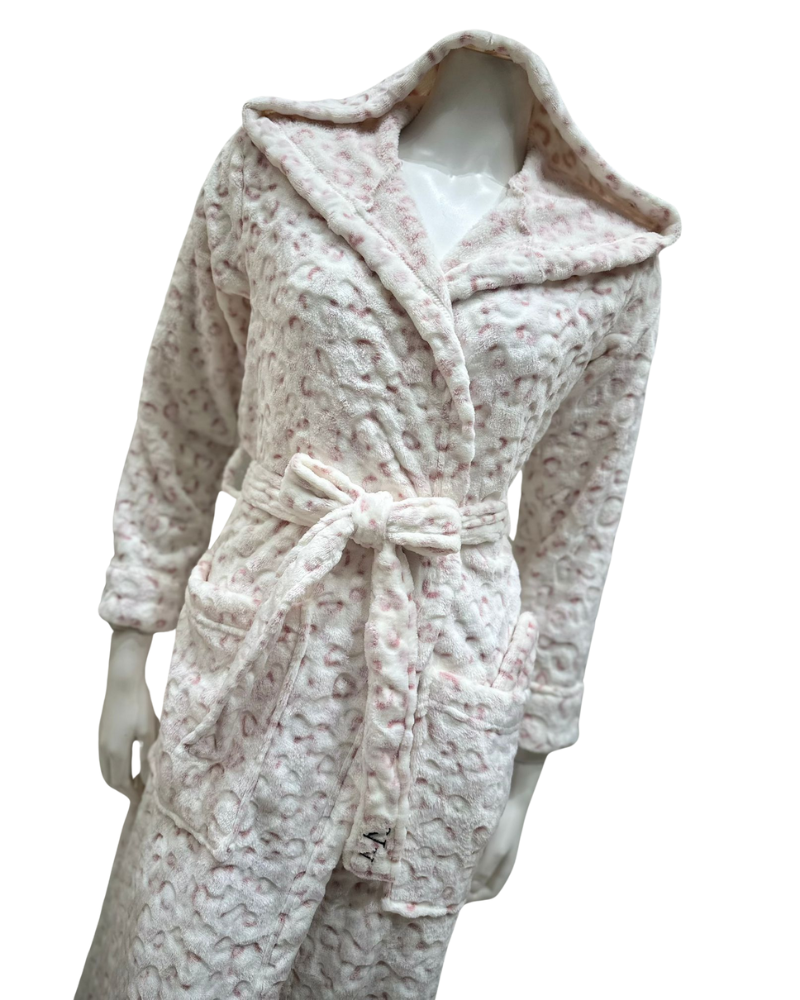 VelvetVibe AL301PK Pink Leopard Furry Morning Robe & Eye Mask Myselflingerie.com