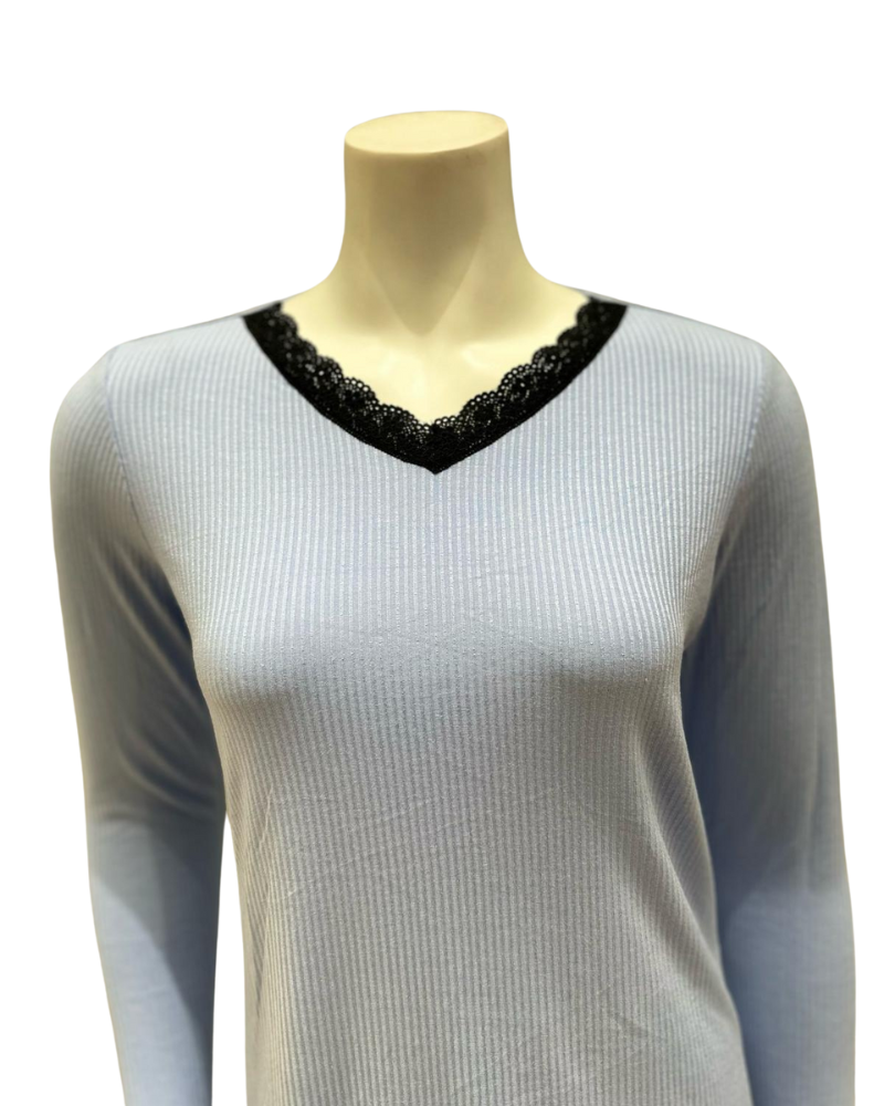 Jackie O'Loungewear L/S-PJS-SKY-S25 Sky Blue Ribbed V Neck Modal Pajamas Set Myselflingerie.com