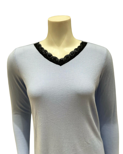 Jackie O'Loungewear L/S-PJS-SKY-S25 Sky Blue Ribbed V Neck Modal Pajamas Set Myselflingerie.com