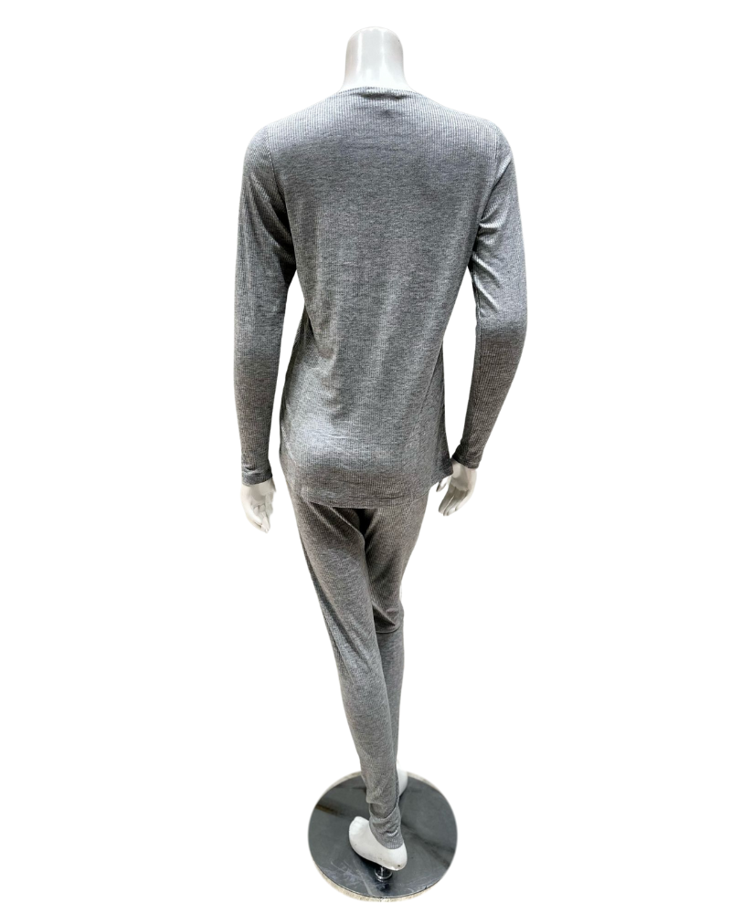Jackie O'Loungewear L/S-PJS-GRY-S25 Grey Ribbed V Neck Modal Pajamas Set Myselflingerie.com