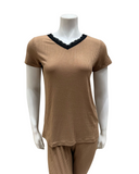 Jackie O'Loungewear S/S-PJS-TN-S25 Tan Short Sleeve Ribbed Modal V Neck Pajamas Set Myselflingerie.com