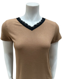 Jackie O'Loungewear S/S-PJS-TN-S25 Tan Short Sleeve Ribbed Modal V Neck Pajamas Set Myselflingerie.com