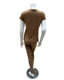 Jackie O'Loungewear S/S-PJS-TN-S25 Tan Short Sleeve Ribbed Modal V Neck Pajamas Set Myselflingerie.com