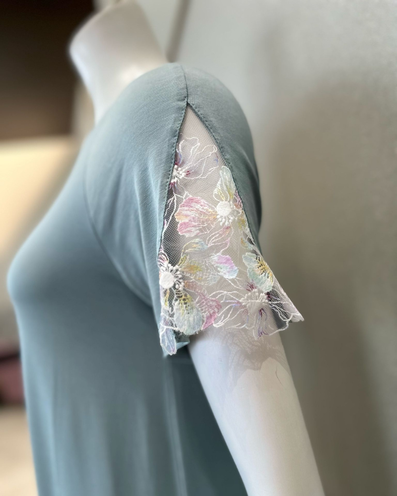 Oh! Zuza 4430 Sage Sheer Lace Short Sleeve Modal Nightshirt Myselflingerie.com