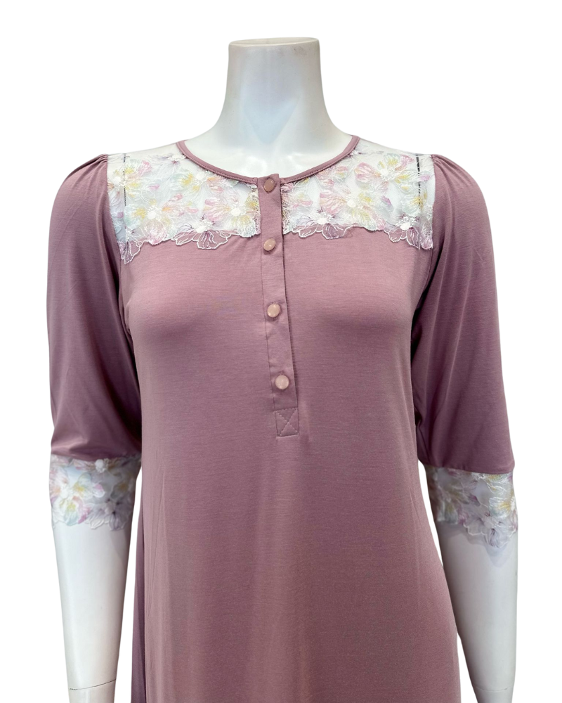 Oh! Zuza B49 Rose Heather Unlined Lace Button Down Modal Nightshirt Myselflingerie.com