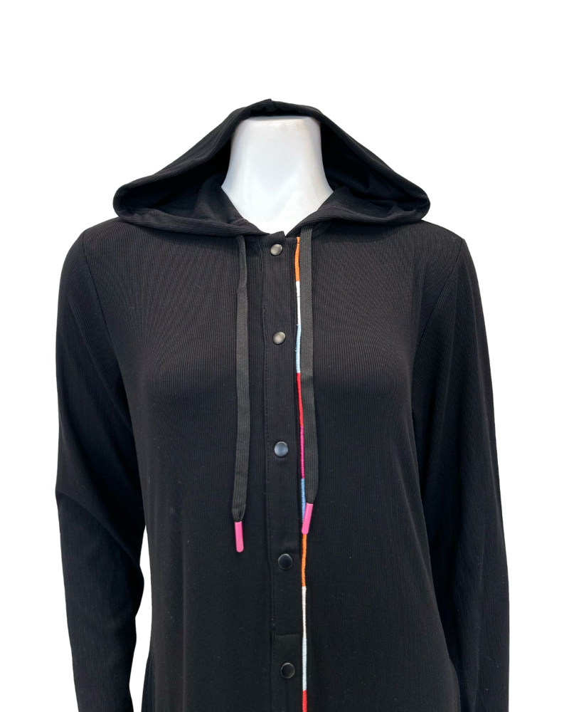 Sparrow C-7342 Ribbed Rainbow Embroidery Black Jersey Hooded Lounger Morning Robe Myselflingerie.com