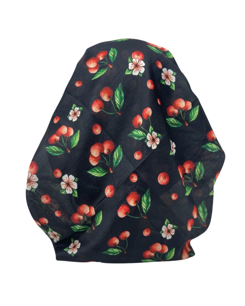 It's Younique OB-CH-BLK Black Cherries Print Pre-Tied Open Back Bandanna with Velvet Grip Myselflingerie.com