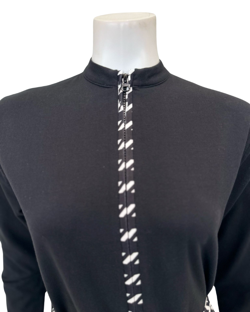 Runelli AN900 Pepita Trim Black Zippered Cotton Morning Robe w/ Removable Hood Myselflingerie.com