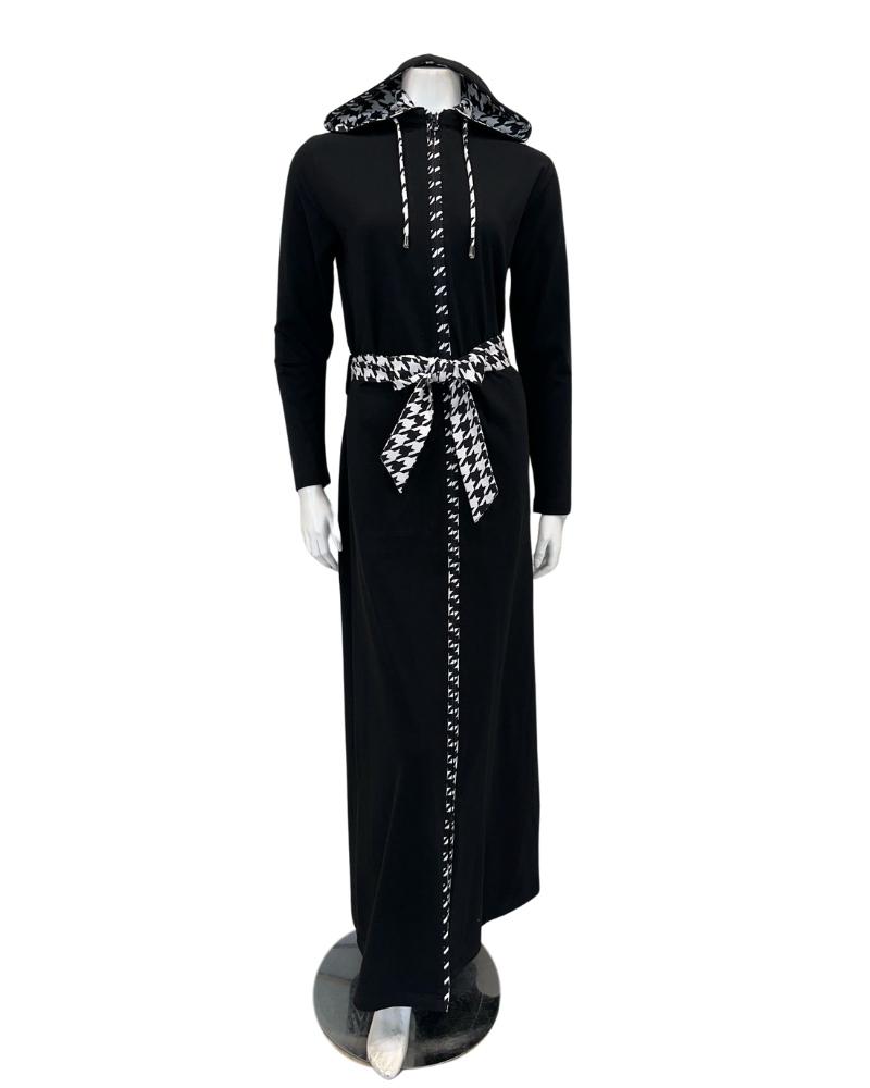 Runelli AN900 Pepita Trim Black Zippered Cotton Morning Robe w/ Removable Hood Myselflingerie.com