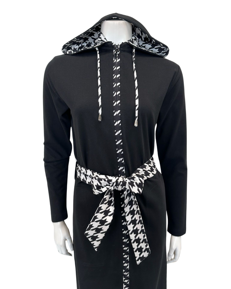 Runelli AN900 Pepita Trim Black Zippered Cotton Morning Robe w/ Removable Hood Myselflingerie.com