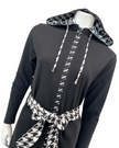 Runelli AN900 Pepita Trim Black Zippered Cotton Morning Robe w/ Removable Hood Myselflingerie.com