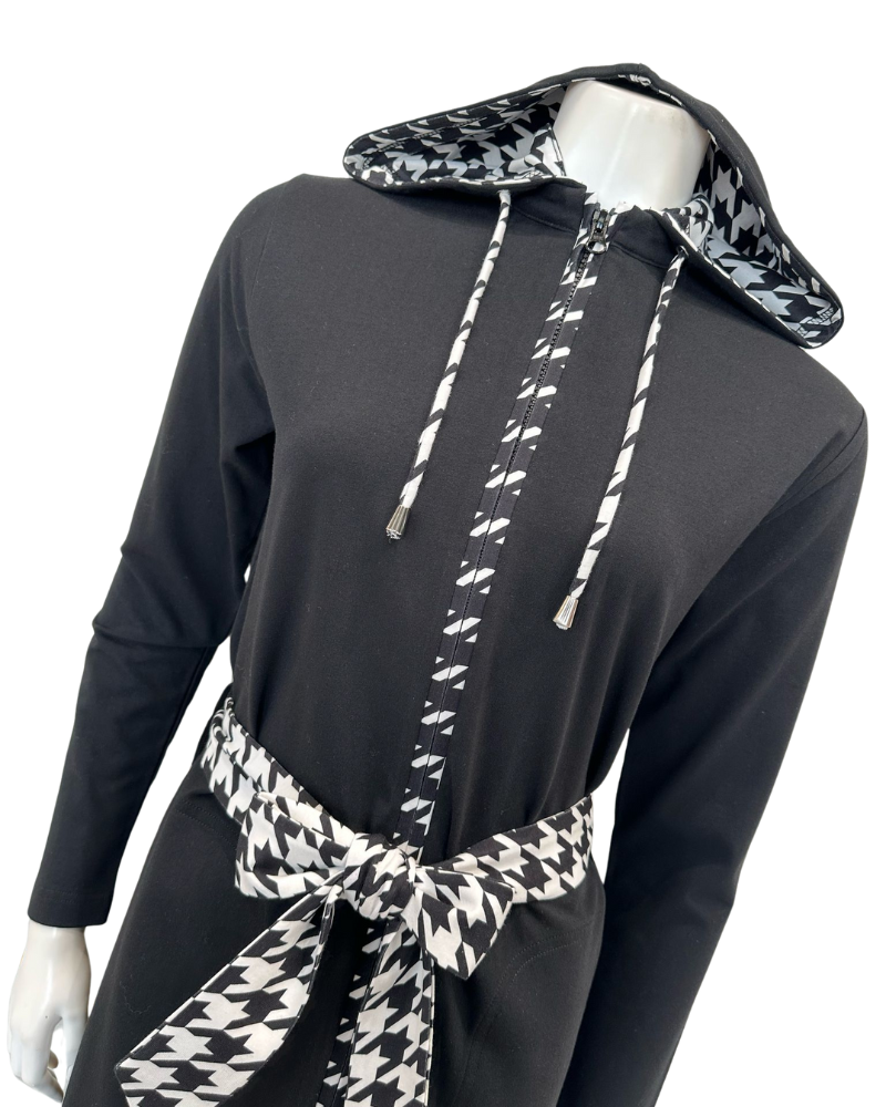 Runelli AN900 Pepita Trim Black Zippered Cotton Morning Robe w/ Removable Hood Myselflingerie.com