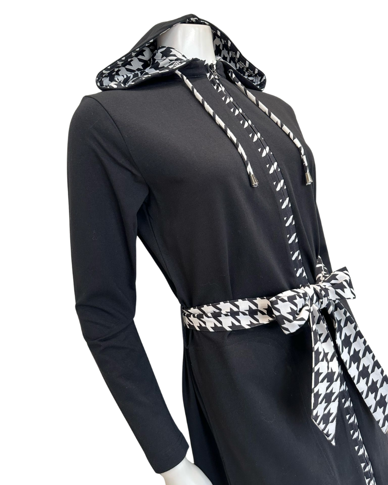 Runelli AN900 Pepita Trim Black Zippered Cotton Morning Robe w/ Removable Hood Myselflingerie.com