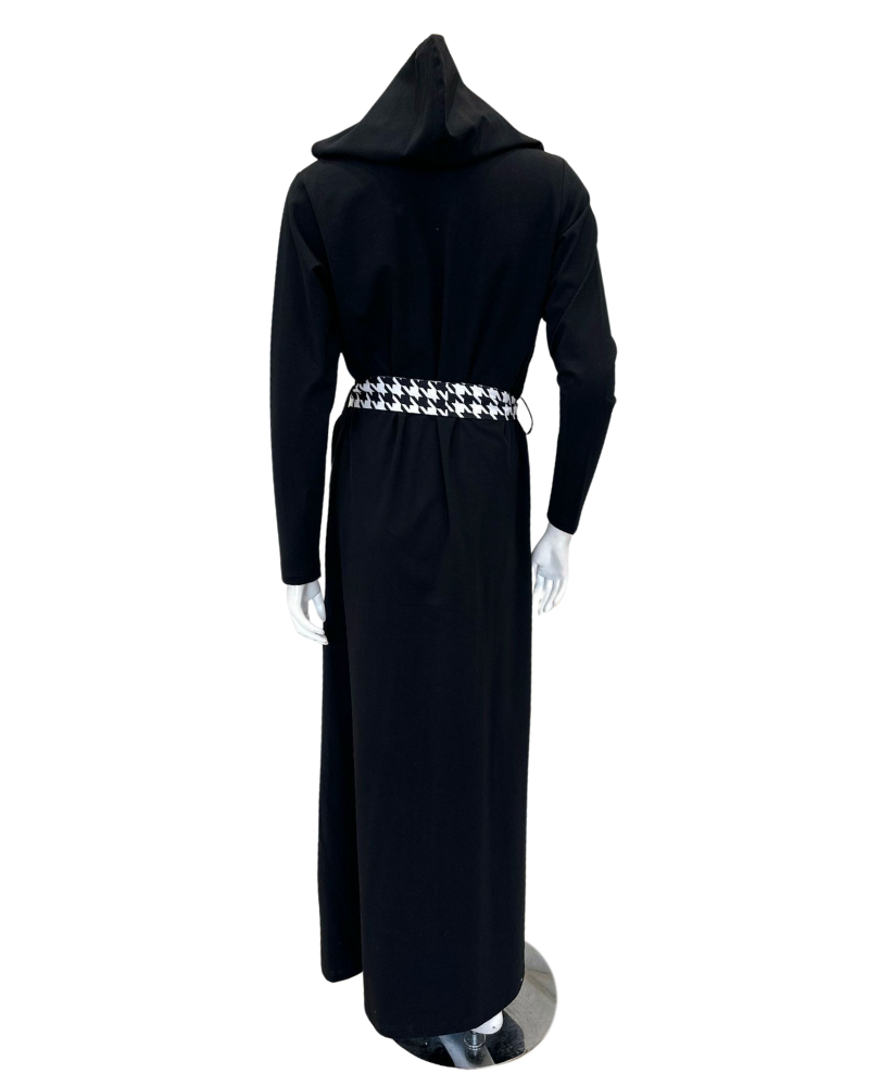 Runelli AN900 Pepita Trim Black Zippered Cotton Morning Robe w/ Removable Hood Myselflingerie.com