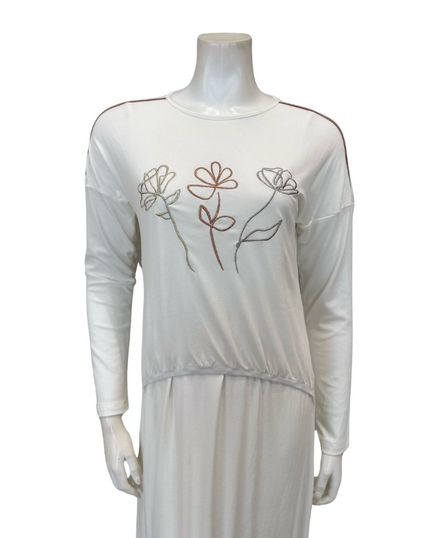 Mega Dreams 357736 White Ribbed Tri Color Embroidered Flowers Modal Nursing Nightgown Myselflingerie.com