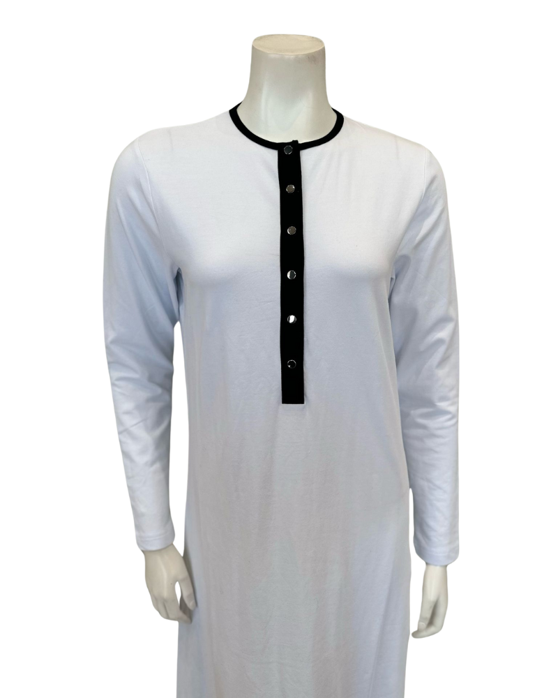 Nico Italy AL835WT White with Black Trim Snap Front Cotton Nightgown Myselflingerie.com