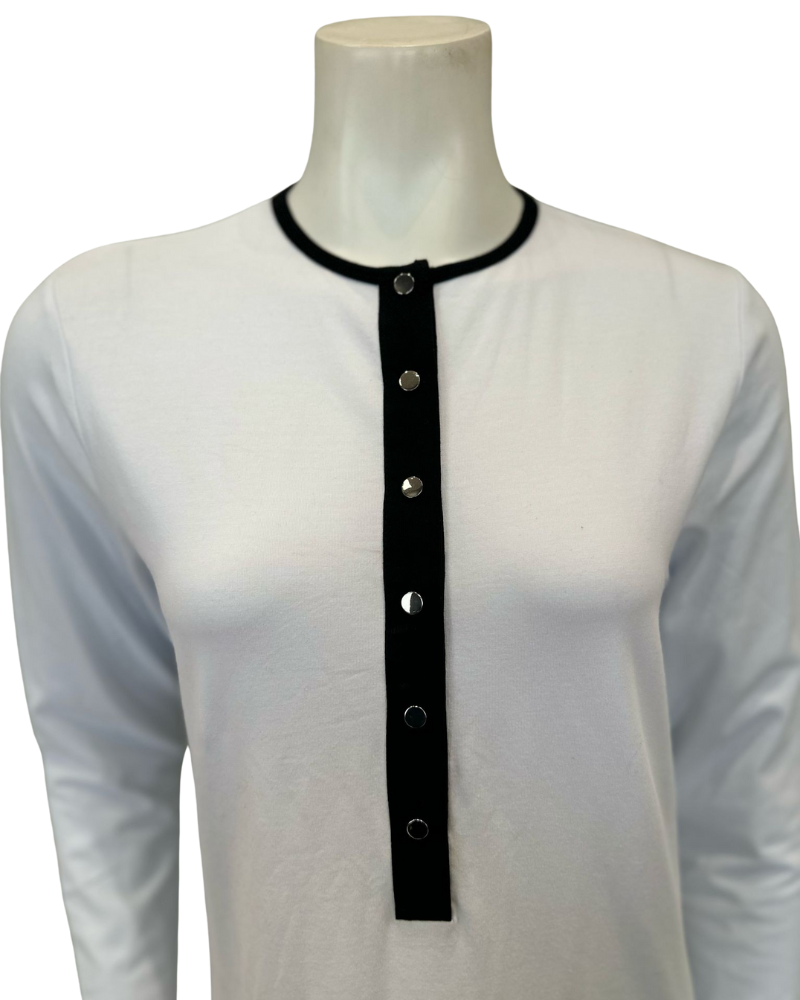 Nico Italy AL835WT White with Black Trim Snap Front Cotton Nightgown Myselflingerie.com
