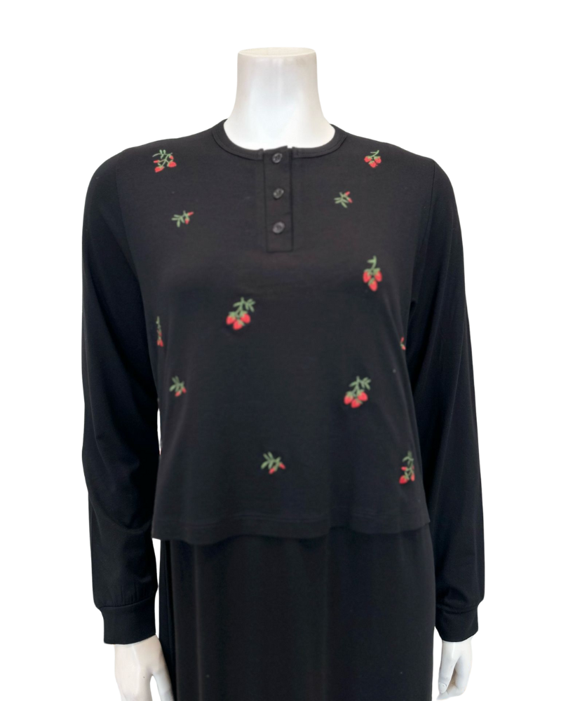 Ellwi 1213 Floral Embroidery Black Cotton Nursing Nightgown Myselflingerie.com