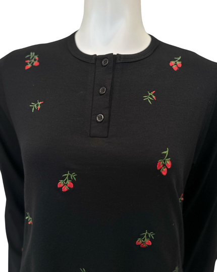 Ellwi 1213 Floral Embroidery Black Cotton Nursing Nightgown Myselflingerie.com