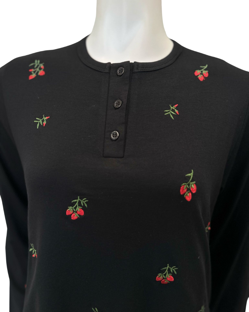 Ellwi 1213 Floral Embroidery Black Cotton Nursing Nightgown Myselflingerie.com