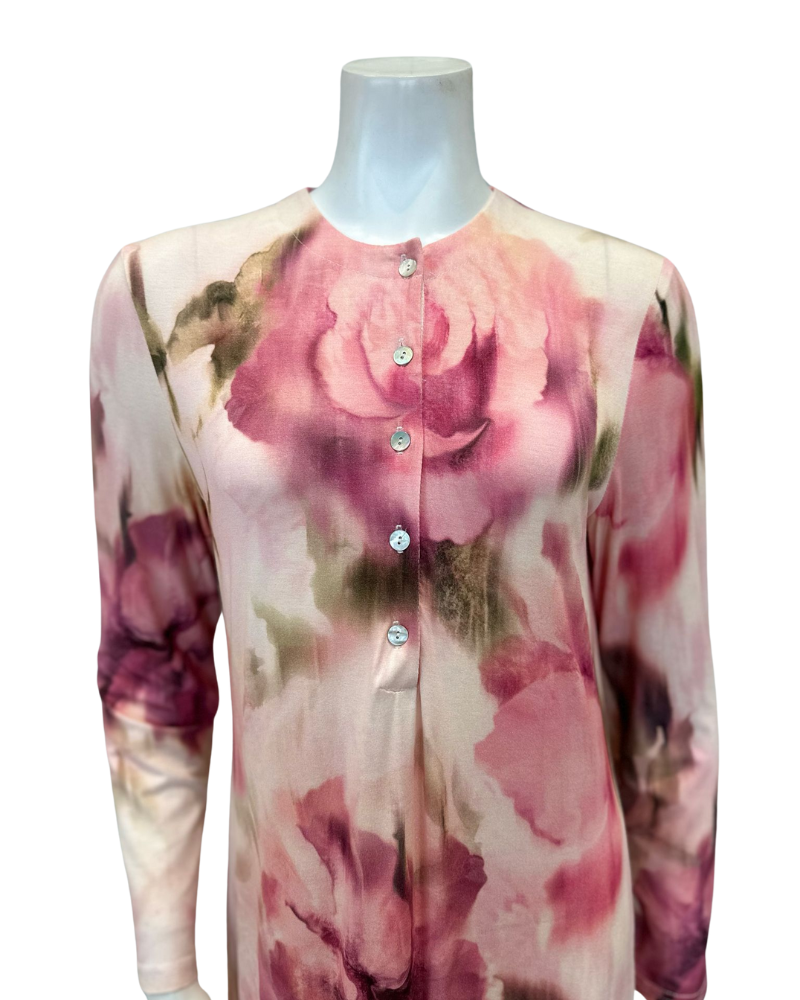 Simondona S6269 Pink Watercolor Floral Print Button Down Modal Nightgown Myselflingerie.com