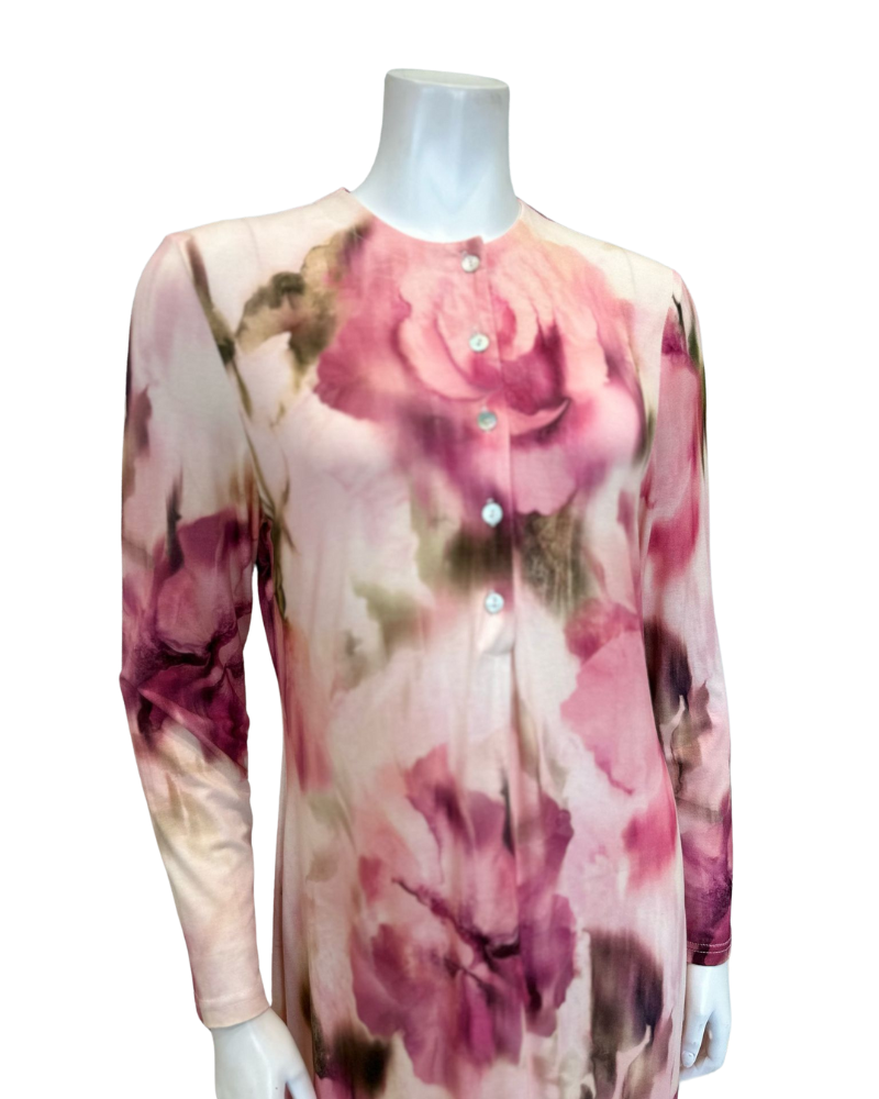 Simondona S6269 Pink Watercolor Floral Print Button Down Modal Nightgown Myselflingerie.com