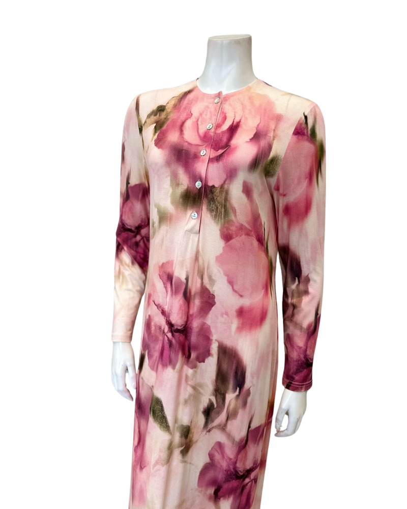 Simondona S6269 Pink Watercolor Floral Print Button Down Modal Nightgown Myselflingerie.com