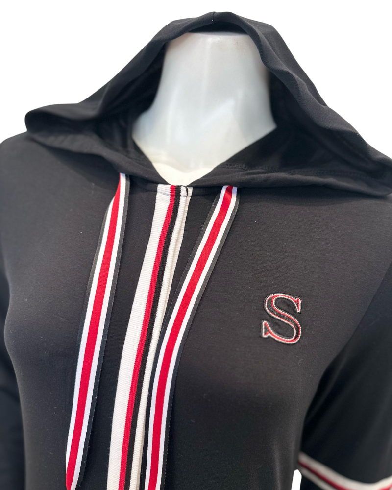 Sparrow C-7412 Black Colored Striped Sleeve Zippered Black Jersey  Hooded Lounger Morning Robe Myselflingerie.com