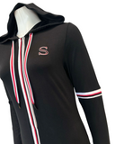Sparrow C-7412 Black Colored Striped Sleeve Zippered Black Jersey &nbsp;Hooded Lounger Morning Robe Myselflingerie.com