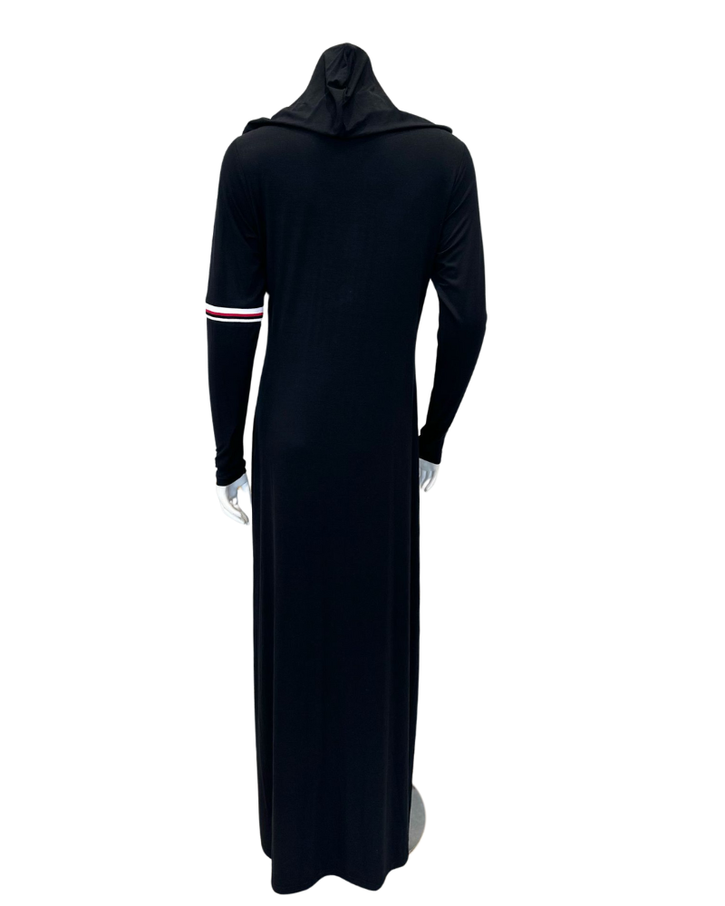 Sparrow C-7412 Black Colored Striped Sleeve Zippered Black Jersey  Hooded Lounger Morning Robe Myselflingerie.com