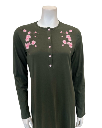 Pen-ky 11953 Green Cherry Blossom Button Down Cotton Blend Nightgown Myselflingerie.com