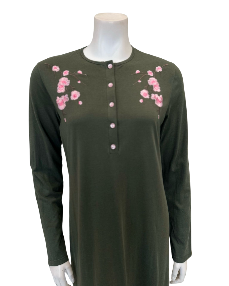 Pen-ky 11953 Green Cherry Blossom Button Down Cotton Blend Nightgown Myselflingerie.com