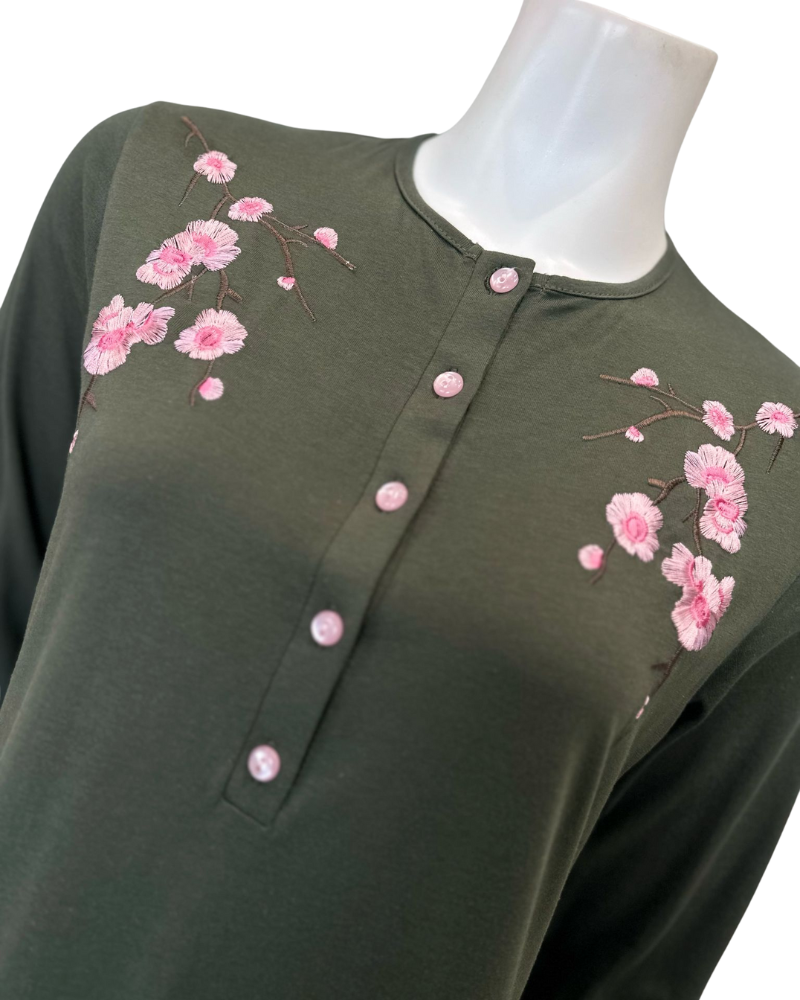 Pen-ky 11953 Green Cherry Blossom Button Down Cotton Blend Nightgown Myselflingerie.com