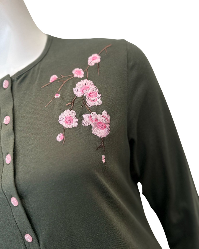 Pen-ky 11953 Green Cherry Blossom Button Down Cotton Blend Nightgown Myselflingerie.com