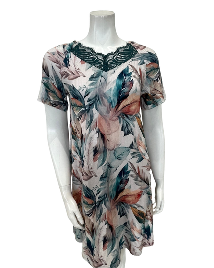 Oh! Zuza 4529 Floral Print Sheer Lace Back Ribbed Modal Nightshirt Myselflingerie.com