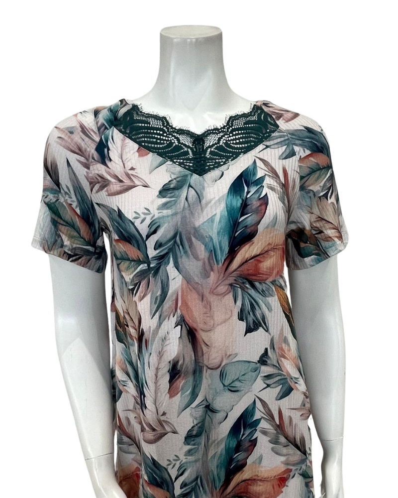 Oh! Zuza 4529 Floral Print Sheer Lace Back Ribbed Modal Nightshirt Myselflingerie.com