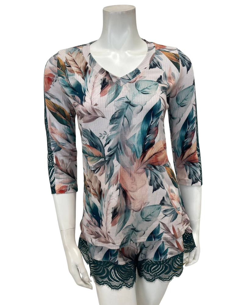 Oh! Zuza Floral Print Ribbed Modal Sheer Long Sleeve & Shorts Pajamas Set