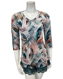 4528 Floral Print Ribbed Modal Sheer Long Sleeve & Shorts Pajamas Set