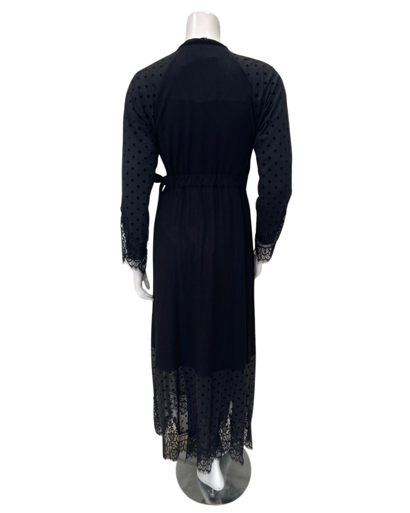 Oh! Zuza 4525 Black Ribbed Modal with Sheer Lace Long Robe Myselflingerie.com
