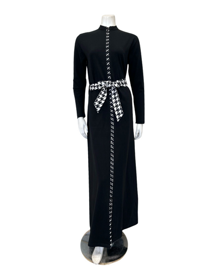 Runelli AN900 Pepita Trim Black Zippered Cotton Morning Robe w/ Removable Hood Myselflingerie.com