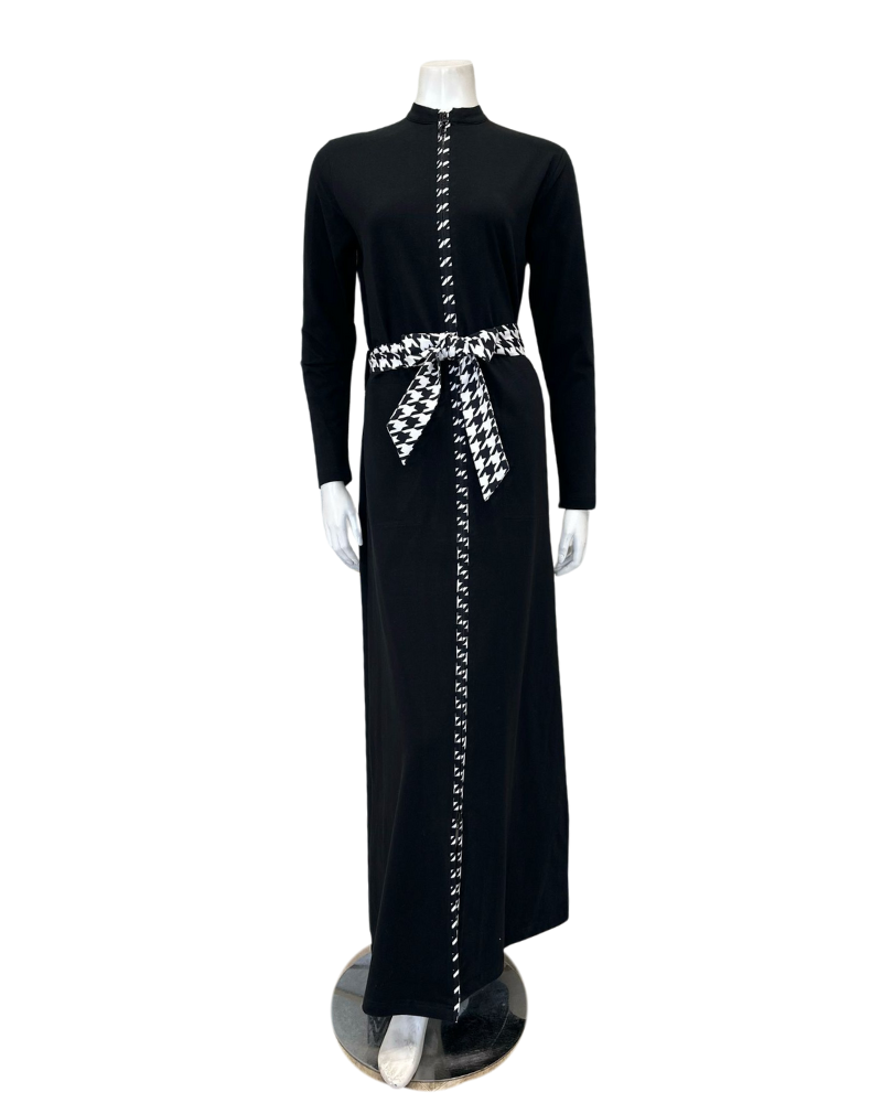 Runelli AN900 Pepita Trim Black Zippered Cotton Morning Robe w/ Removable Hood Myselflingerie.com