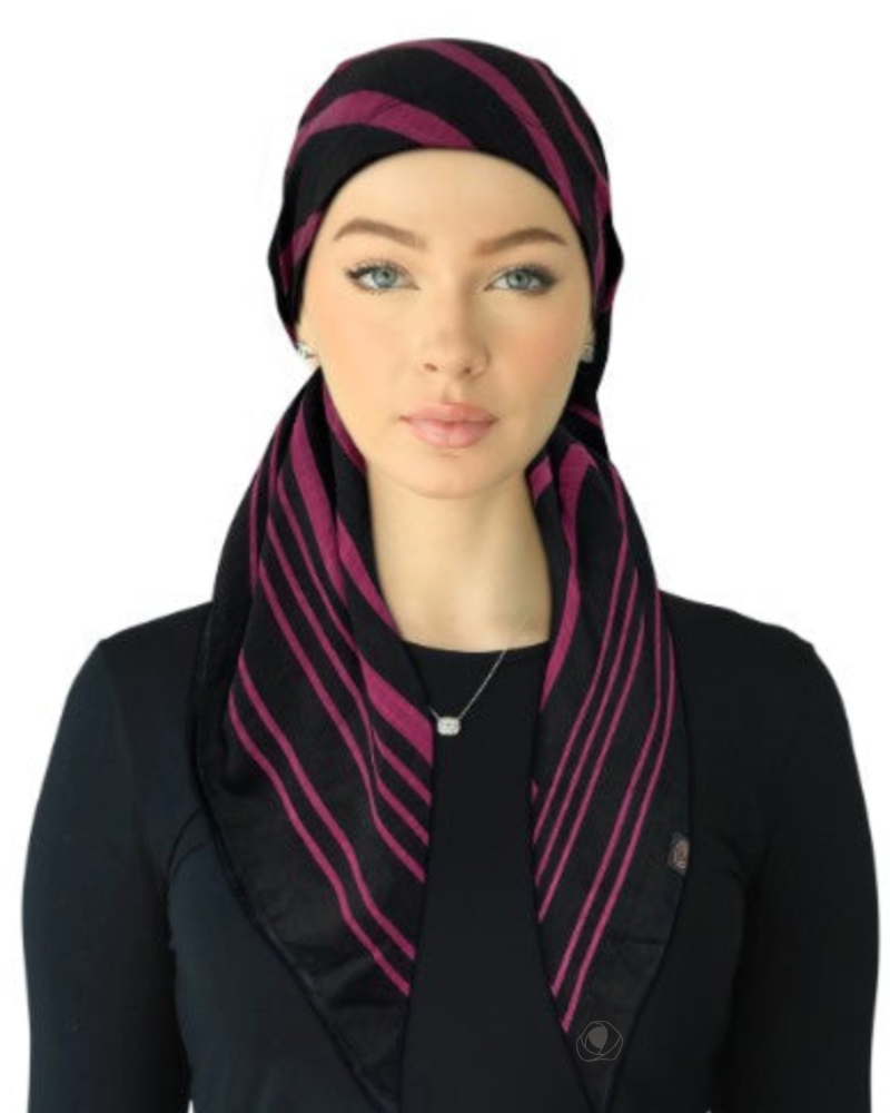 Cherie SPC322A-BLK/BRY Black/Berry Designer Lines Adjustable Closed Back Pre-Tied Bandanna Myselflingerie.com