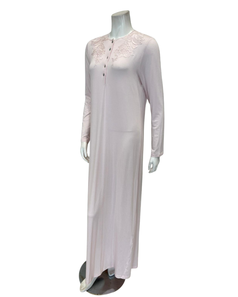 Verdiani 4437 Soft Pink Lace Applique Button Down Modal Nightgown Myselflingerie.com