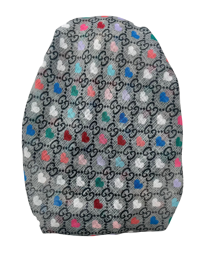 It's Younique OB-GU-GRY Gucci Inspired Grey Multicolor Hearts Pre-Tied Open Back Bandanna with Velvet Grip Myselflingerie.com